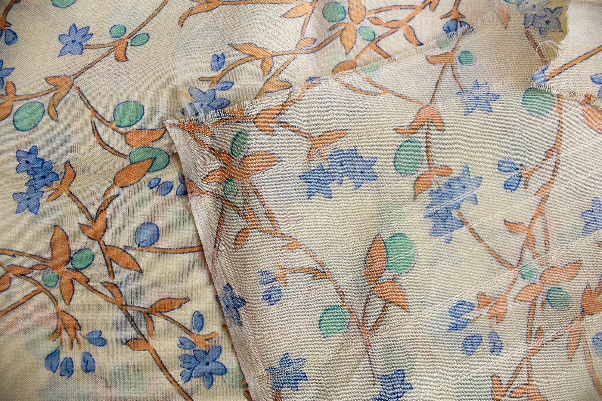 1920s Peach Blue Floral Print Cotton Fabric, 5 Yards