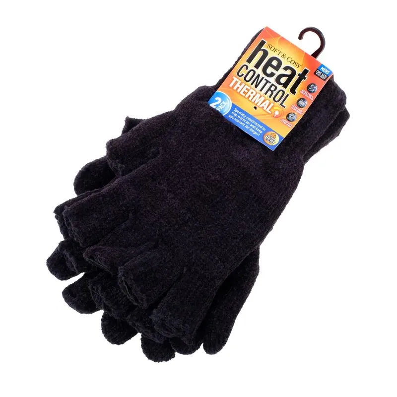 2 Pairs Gloves & Fingerless Glove Set Mens Heat Control Thermal Lined Chenille Black