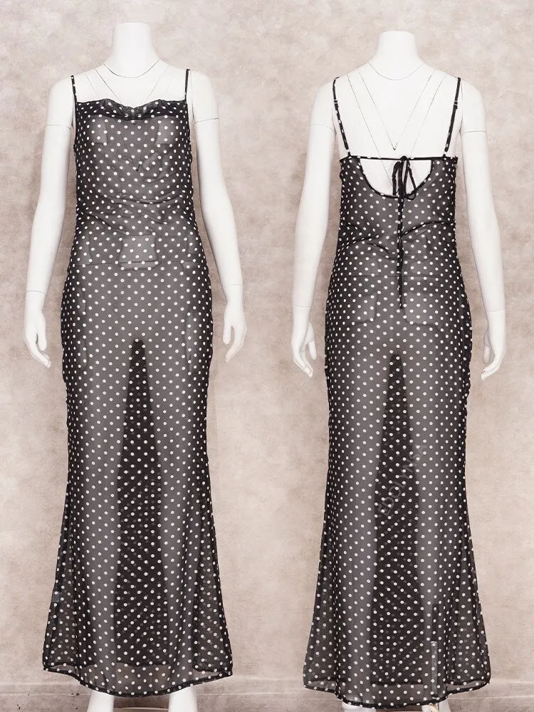 2023 Black Polka Dots Sundress Sexy See Through Spaghetti Strap Maxi Dress