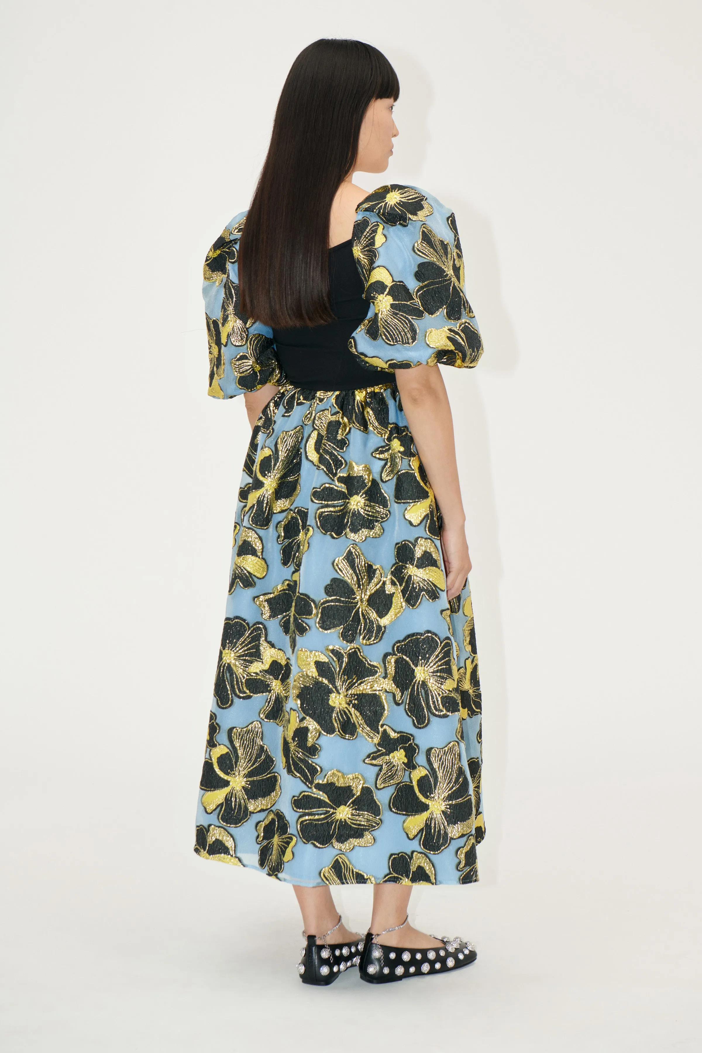 3/4 Sleeve Combo Bodice Midi Dress - Blue Anemone Jacquard