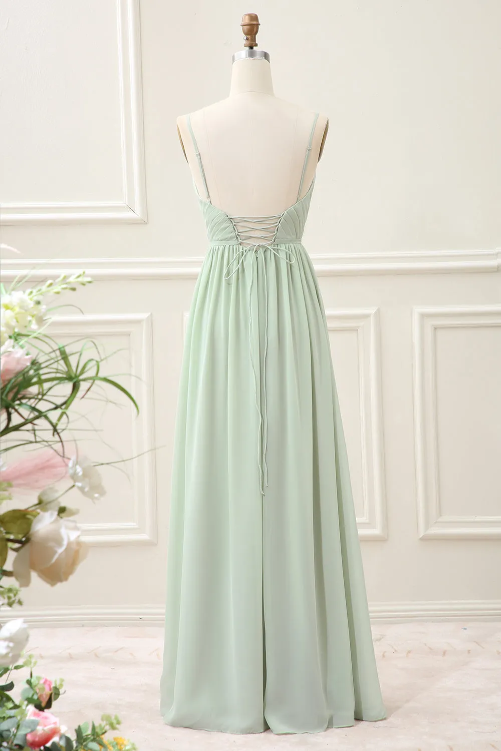 A Line Dusty Sage Chiffon Spaghetti Straps Maxi Dress with Slit