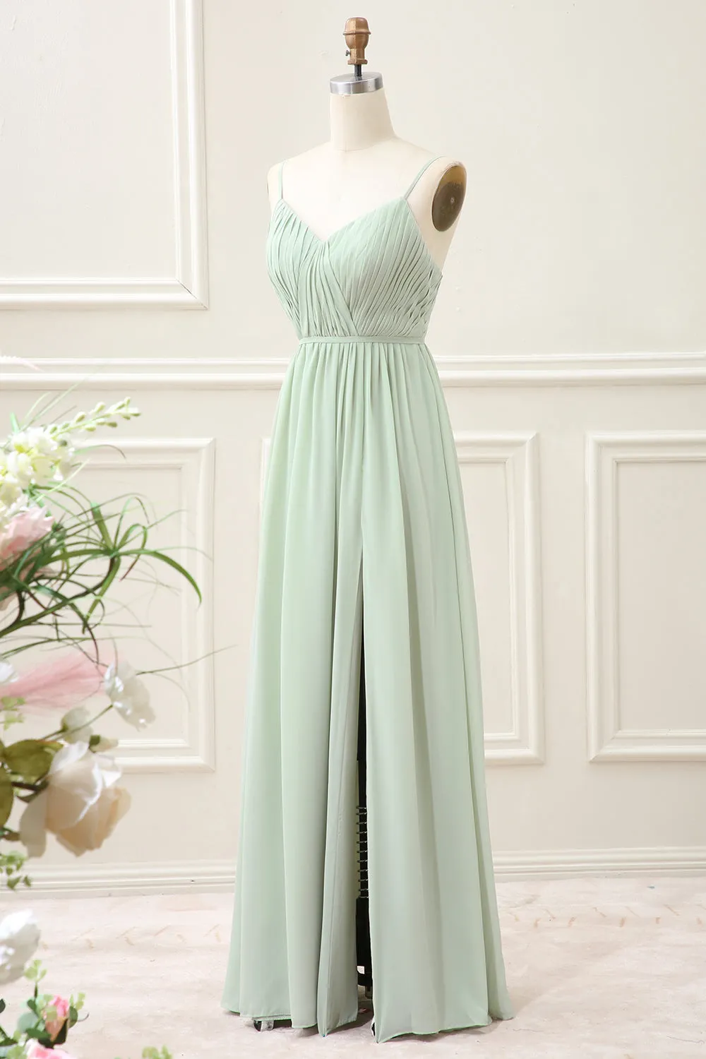 A Line Dusty Sage Chiffon Spaghetti Straps Maxi Dress with Slit