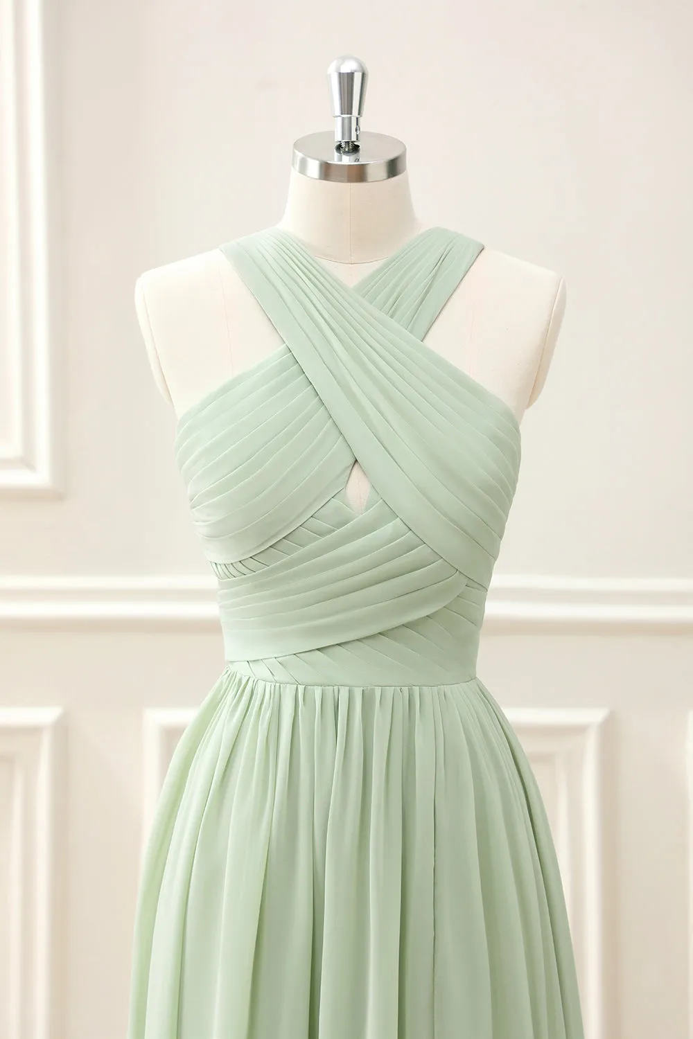 A Line Halter Chiffon Sage Green Pleated Maxi Dress with Slit