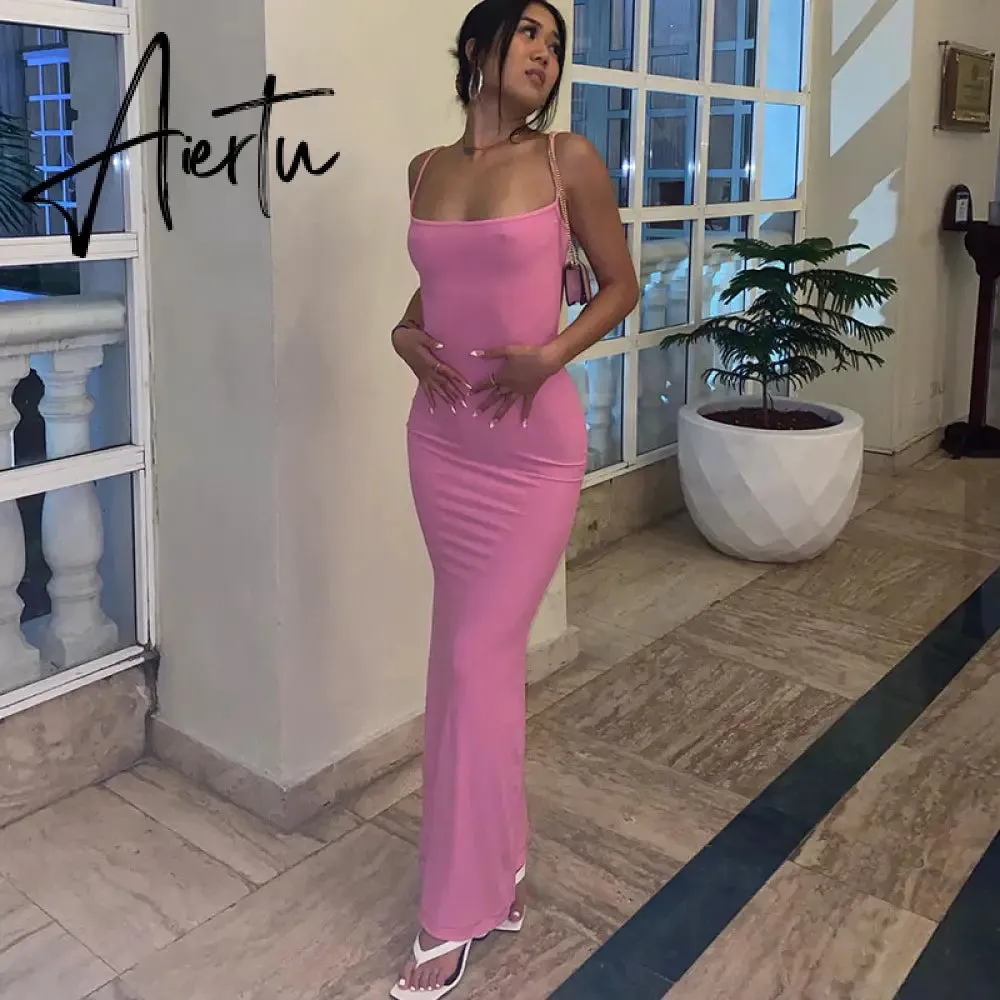 Aiertu  Satin Slip Sleeveless Backless Slim Sexy Maxi Dress Spring Women  Party Y2K Concise Bodycon Elegant  Clothing