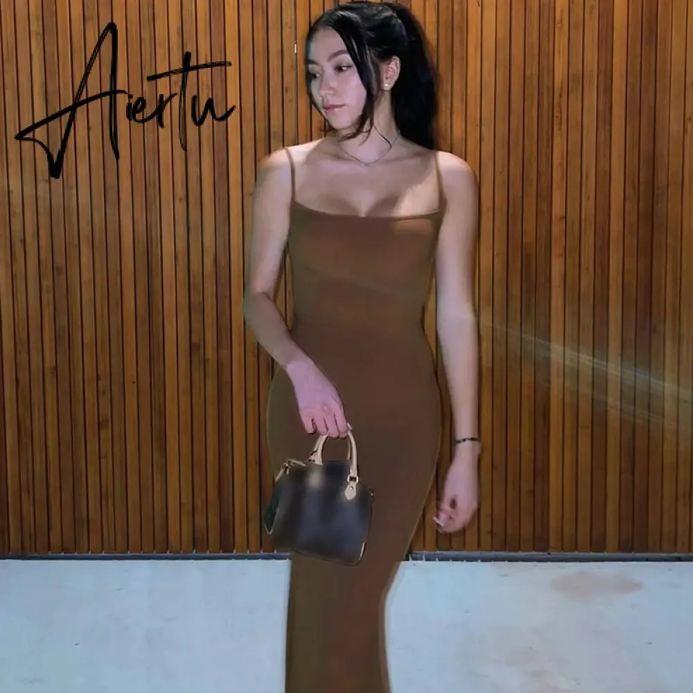 Aiertu  Satin Slip Sleeveless Backless Slim Sexy Maxi Dress Spring Women  Party Y2K Concise Bodycon Elegant  Clothing