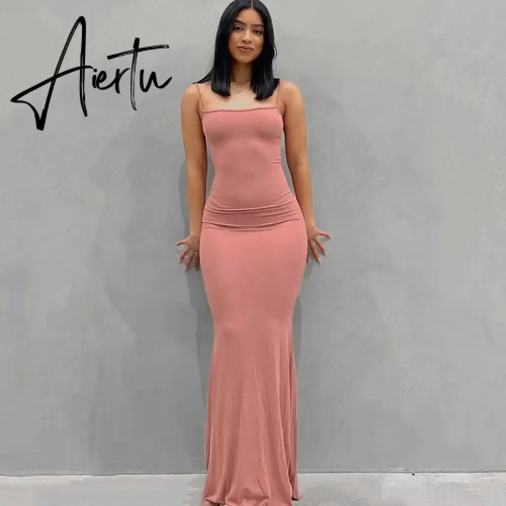 Aiertu  Satin Slip Sleeveless Backless Slim Sexy Maxi Dress Spring Women  Party Y2K Concise Bodycon Elegant  Clothing