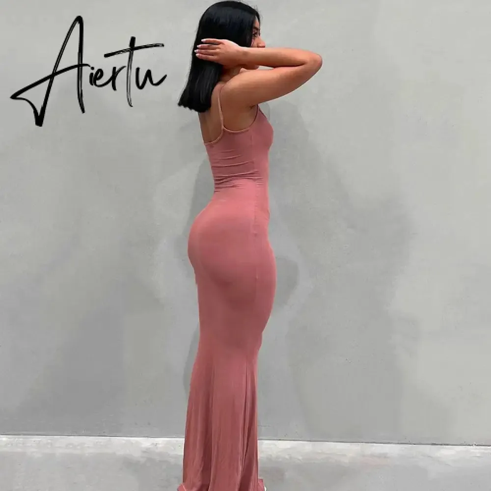 Aiertu  Satin Slip Sleeveless Backless Slim Sexy Maxi Dress Spring Women  Party Y2K Concise Bodycon Elegant  Clothing