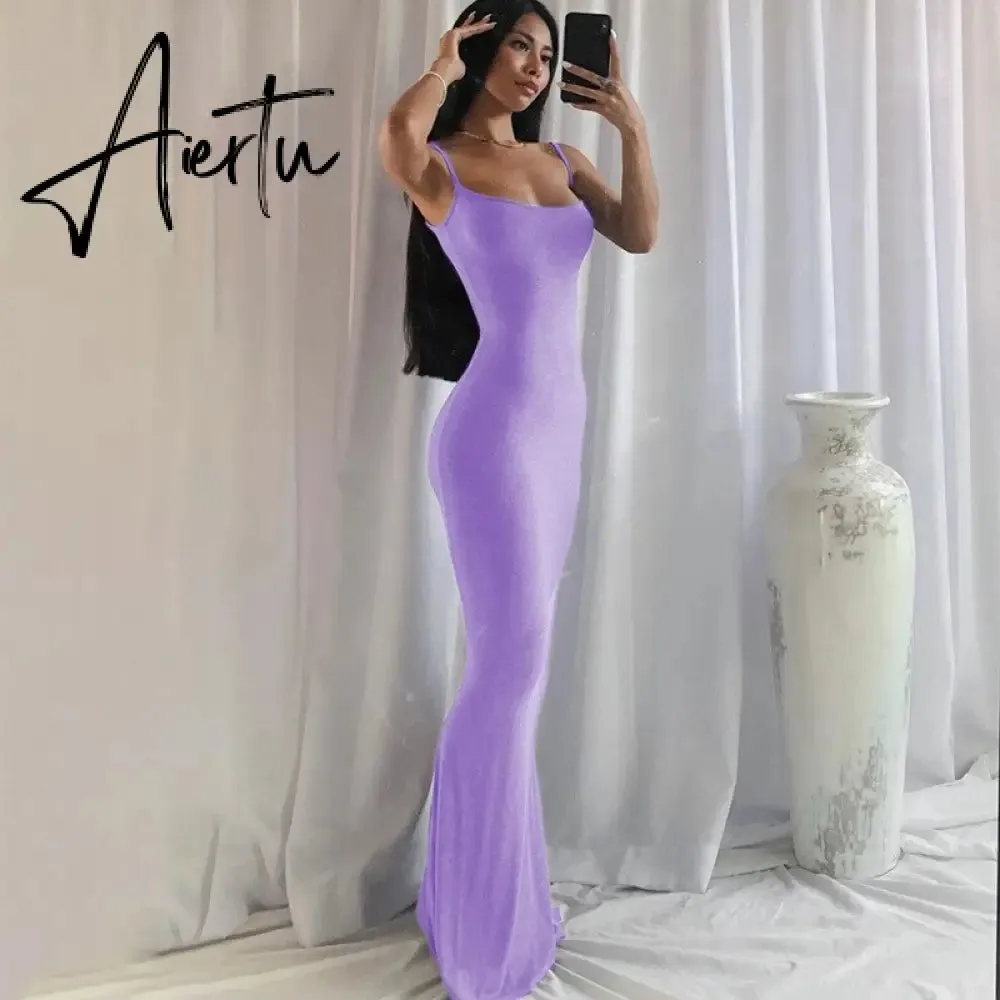 Aiertu  Satin Slip Sleeveless Backless Slim Sexy Maxi Dress Spring Women  Party Y2K Concise Bodycon Elegant  Clothing