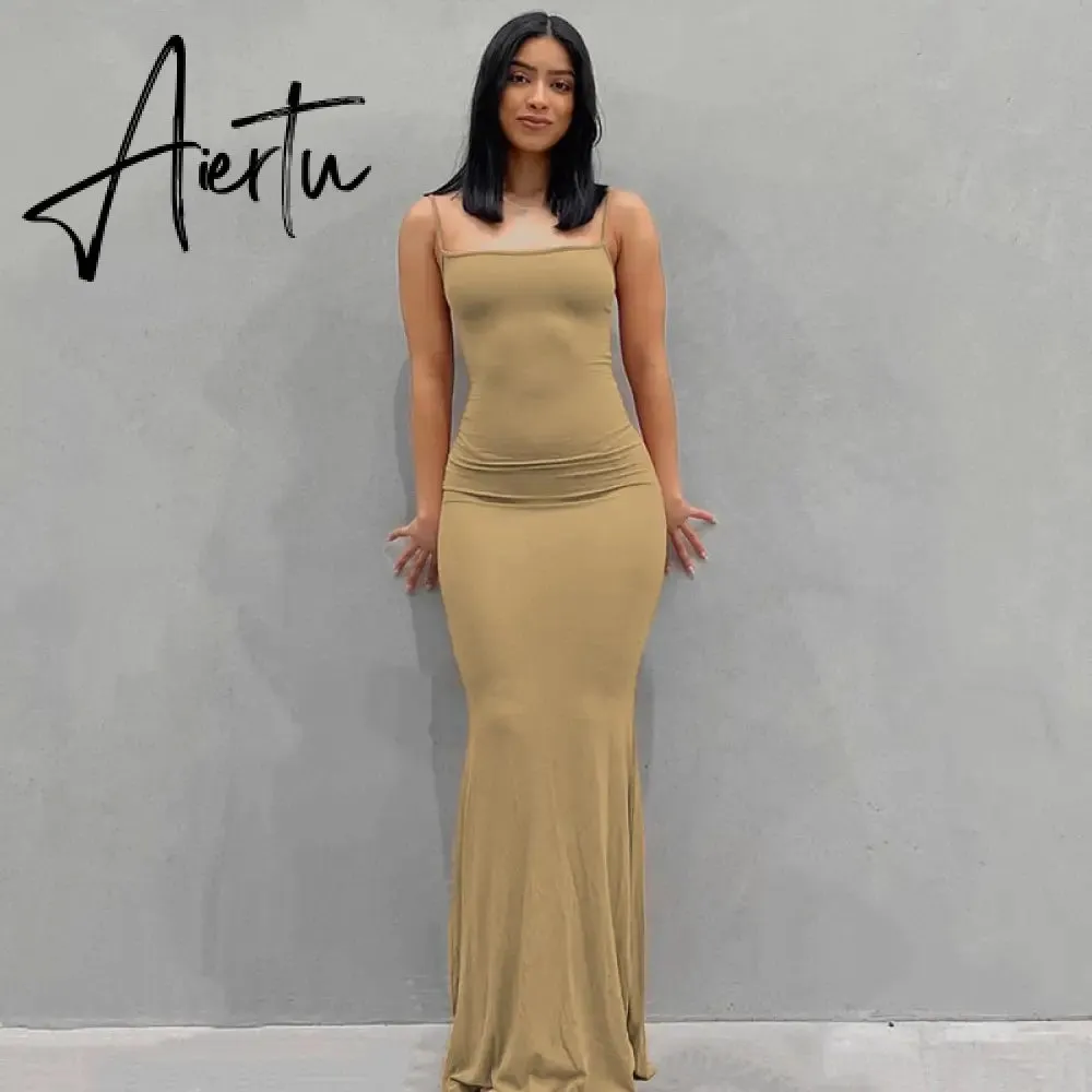 Aiertu  Satin Slip Sleeveless Backless Slim Sexy Maxi Dress Spring Women  Party Y2K Concise Bodycon Elegant  Clothing