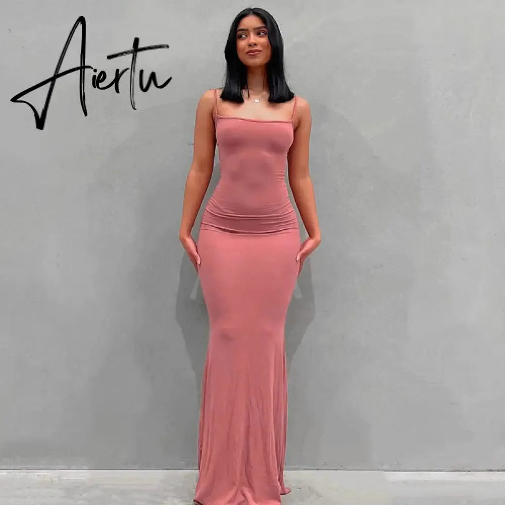 Aiertu  Satin Slip Sleeveless Backless Slim Sexy Maxi Dress Spring Women  Party Y2K Concise Bodycon Elegant  Clothing