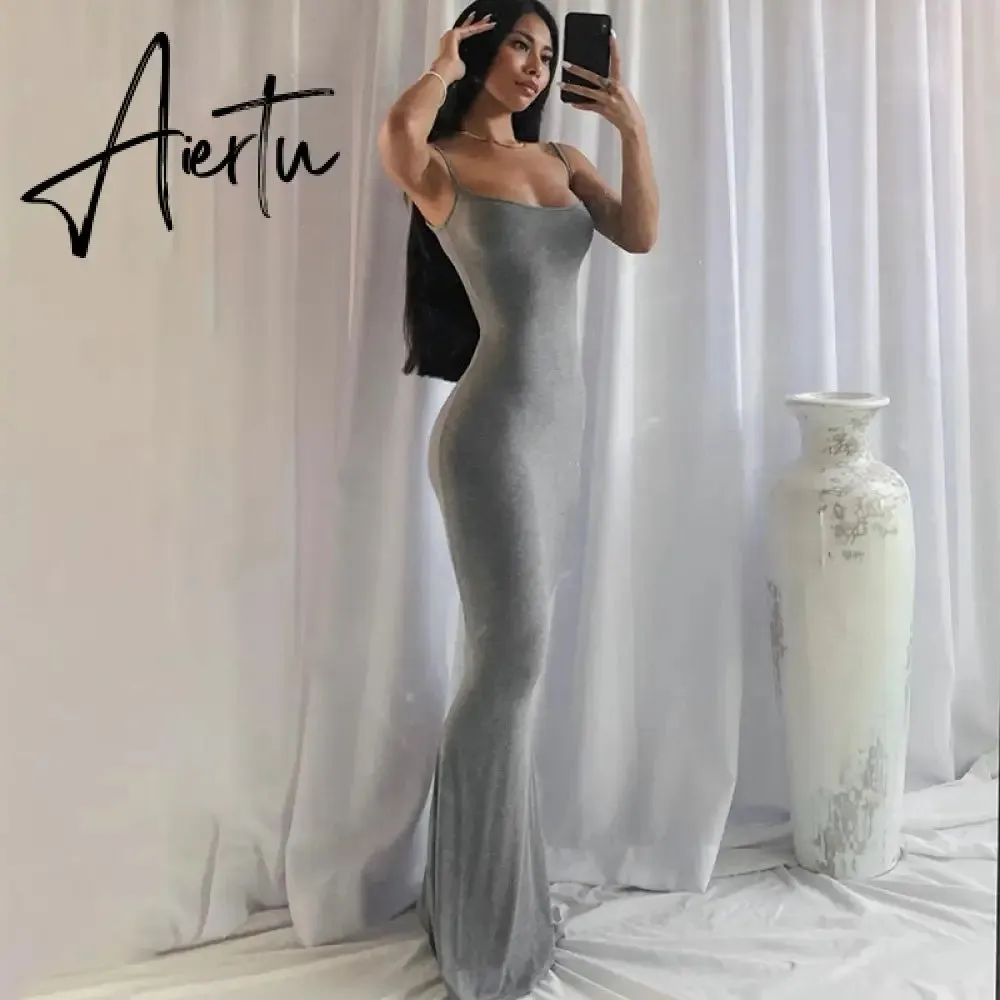 Aiertu  Satin Slip Sleeveless Backless Slim Sexy Maxi Dress Spring Women  Party Y2K Concise Bodycon Elegant  Clothing