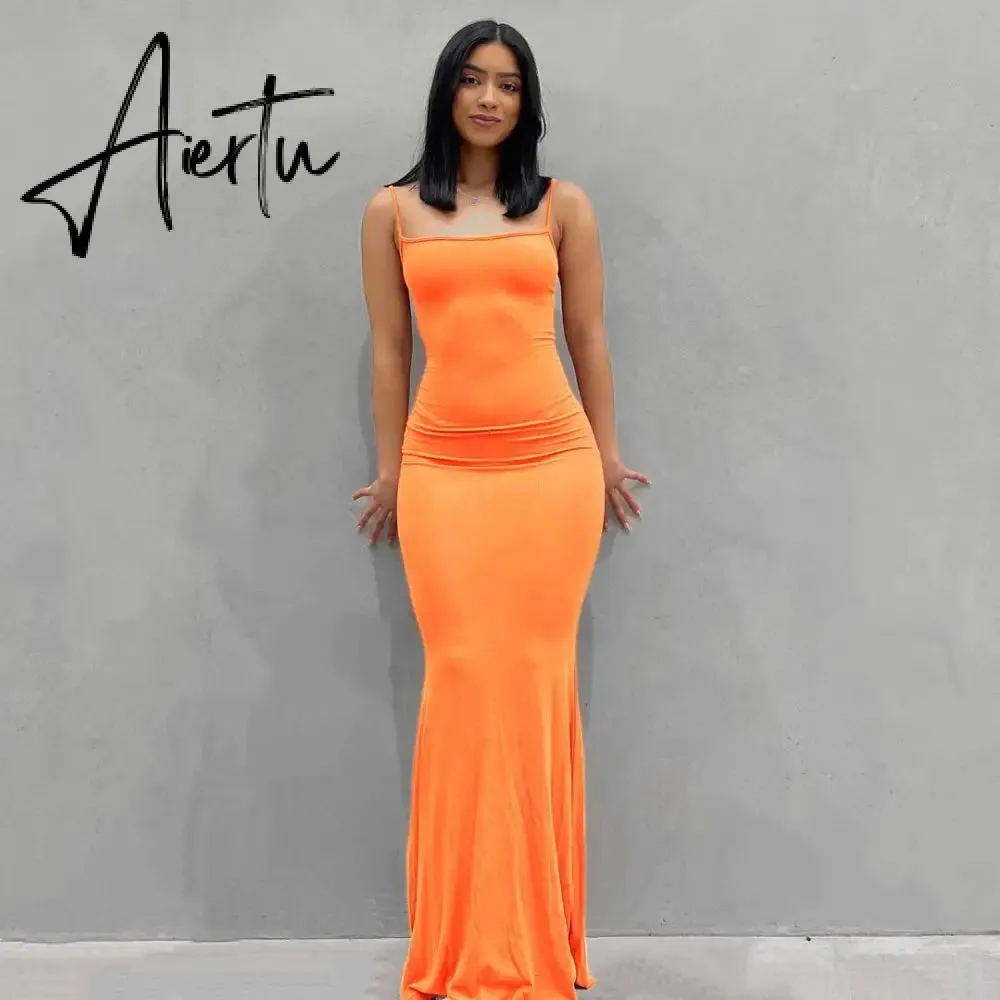 Aiertu  Satin Slip Sleeveless Backless Slim Sexy Maxi Dress Spring Women  Party Y2K Concise Bodycon Elegant  Clothing