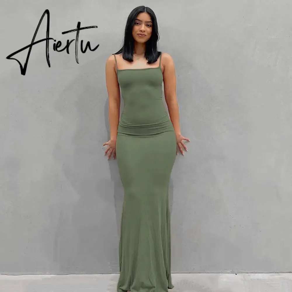 Aiertu  Satin Slip Sleeveless Backless Slim Sexy Maxi Dress Spring Women  Party Y2K Concise Bodycon Elegant  Clothing