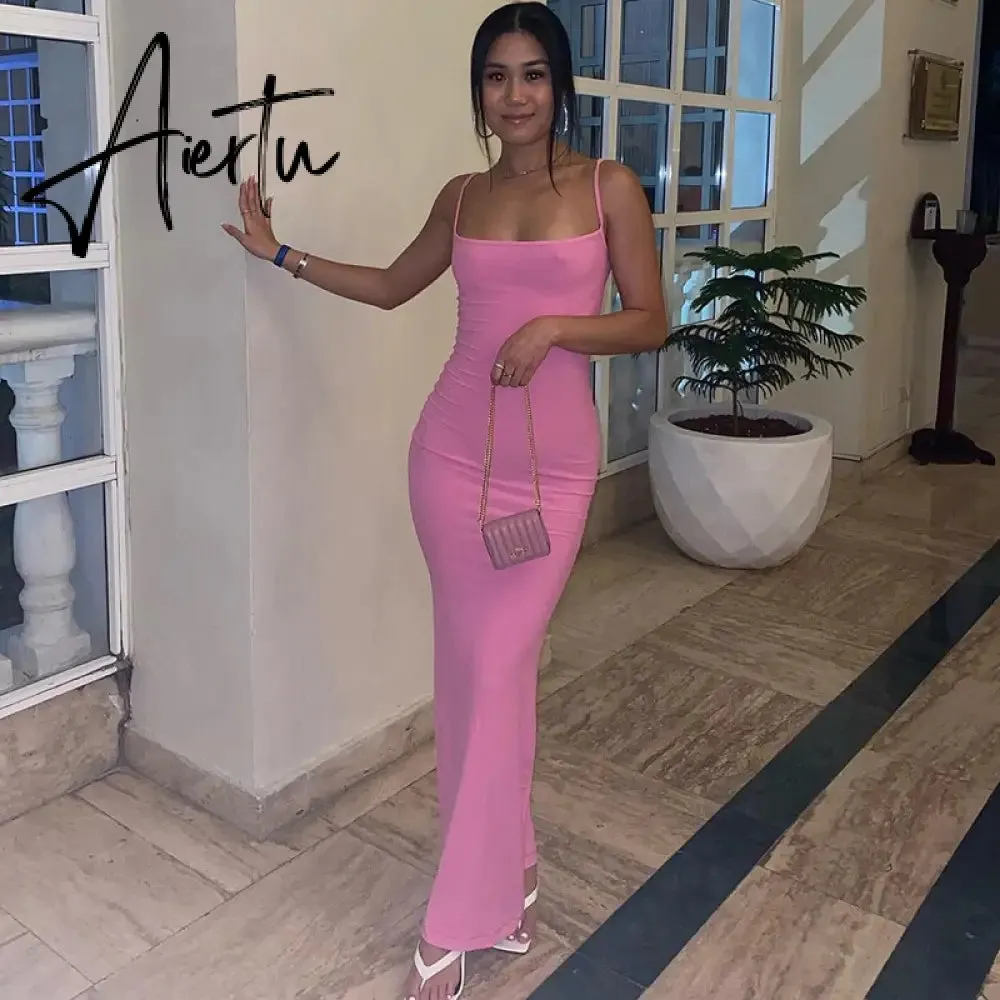 Aiertu  Satin Slip Sleeveless Backless Slim Sexy Maxi Dress Spring Women  Party Y2K Concise Bodycon Elegant  Clothing