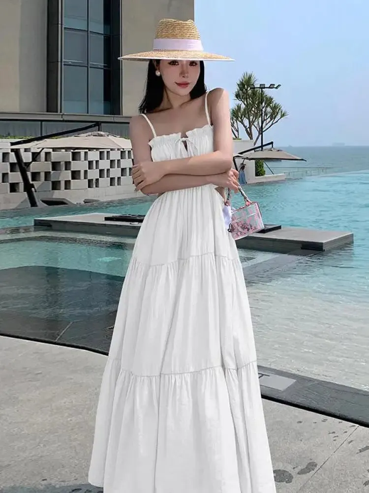 Aiertu Women Sleeveless Slip Long Dress New Summer Elegant Boho Holiday Beach Dress Solid V-neck Pleated Bandage Dresses Backless