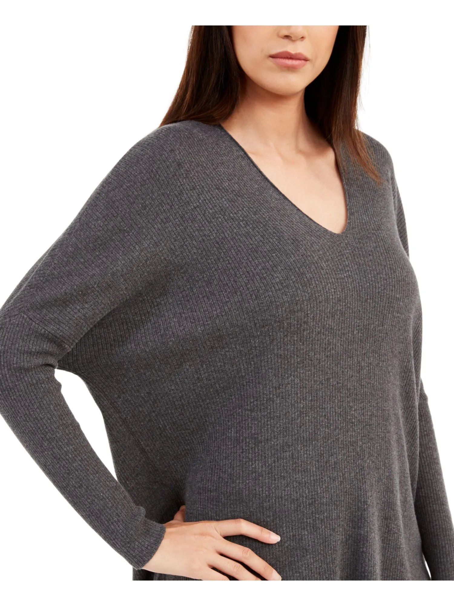 ANNE KLEIN Womens Gray Long Sleeve V Neck Top