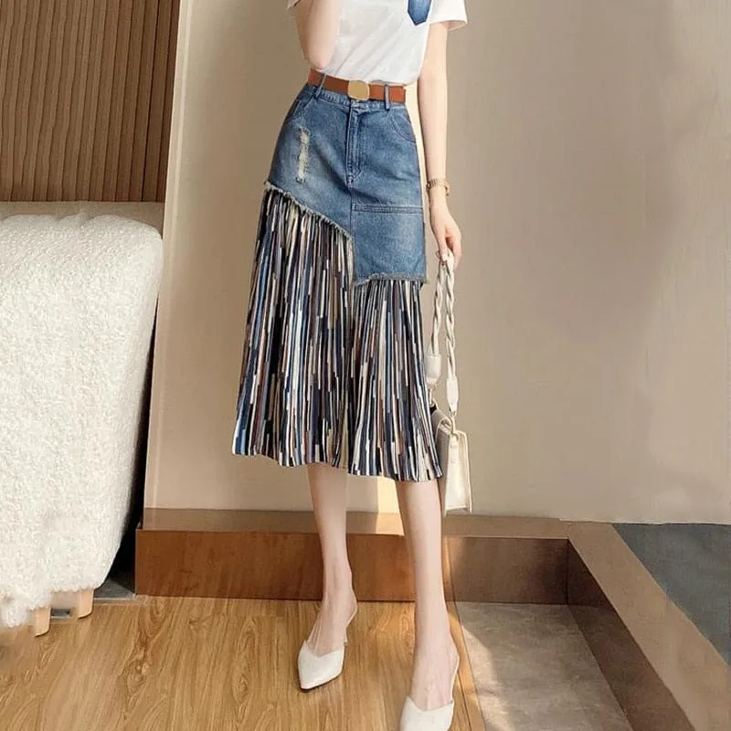 Asymmetrical Patchwork Denim Skirt