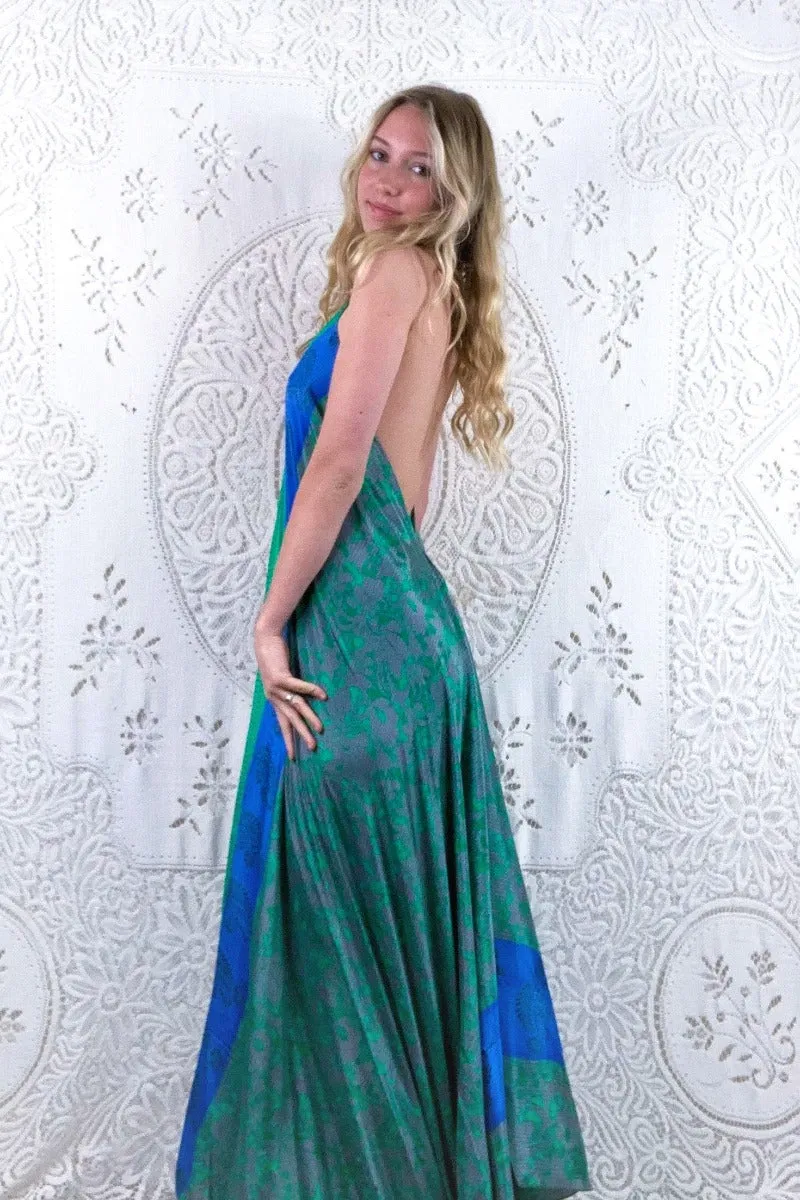 Athena Maxi Dress - Vintage Sari - Silver & Green Floral - S/M