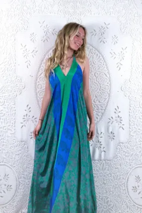 Athena Maxi Dress - Vintage Sari - Silver & Green Floral - S/M