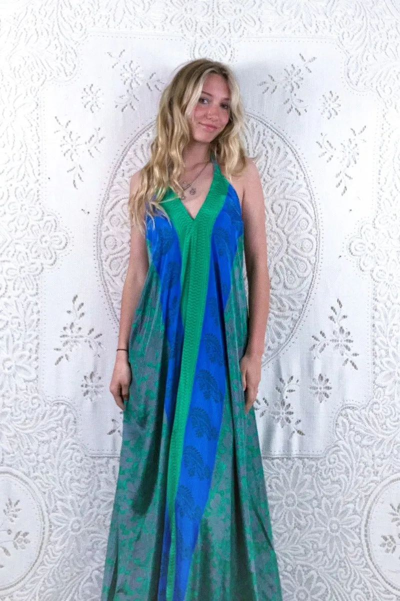 Athena Maxi Dress - Vintage Sari - Silver & Green Floral - S/M