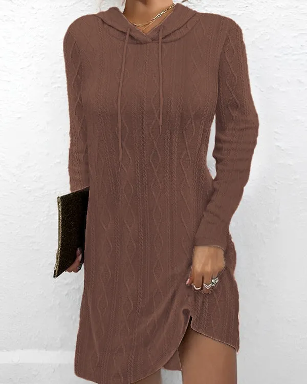 Autumn New Solid Color Long Sleeve Hooded Pullover Knit Dress