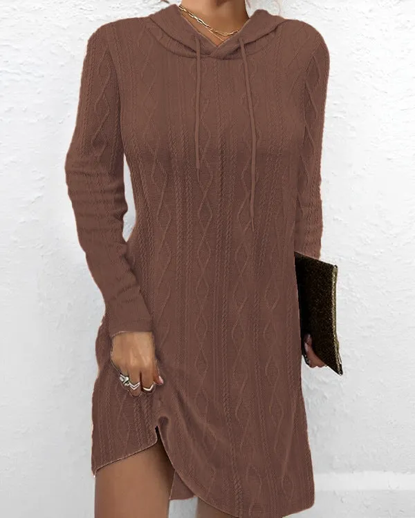 Autumn New Solid Color Long Sleeve Hooded Pullover Knit Dress