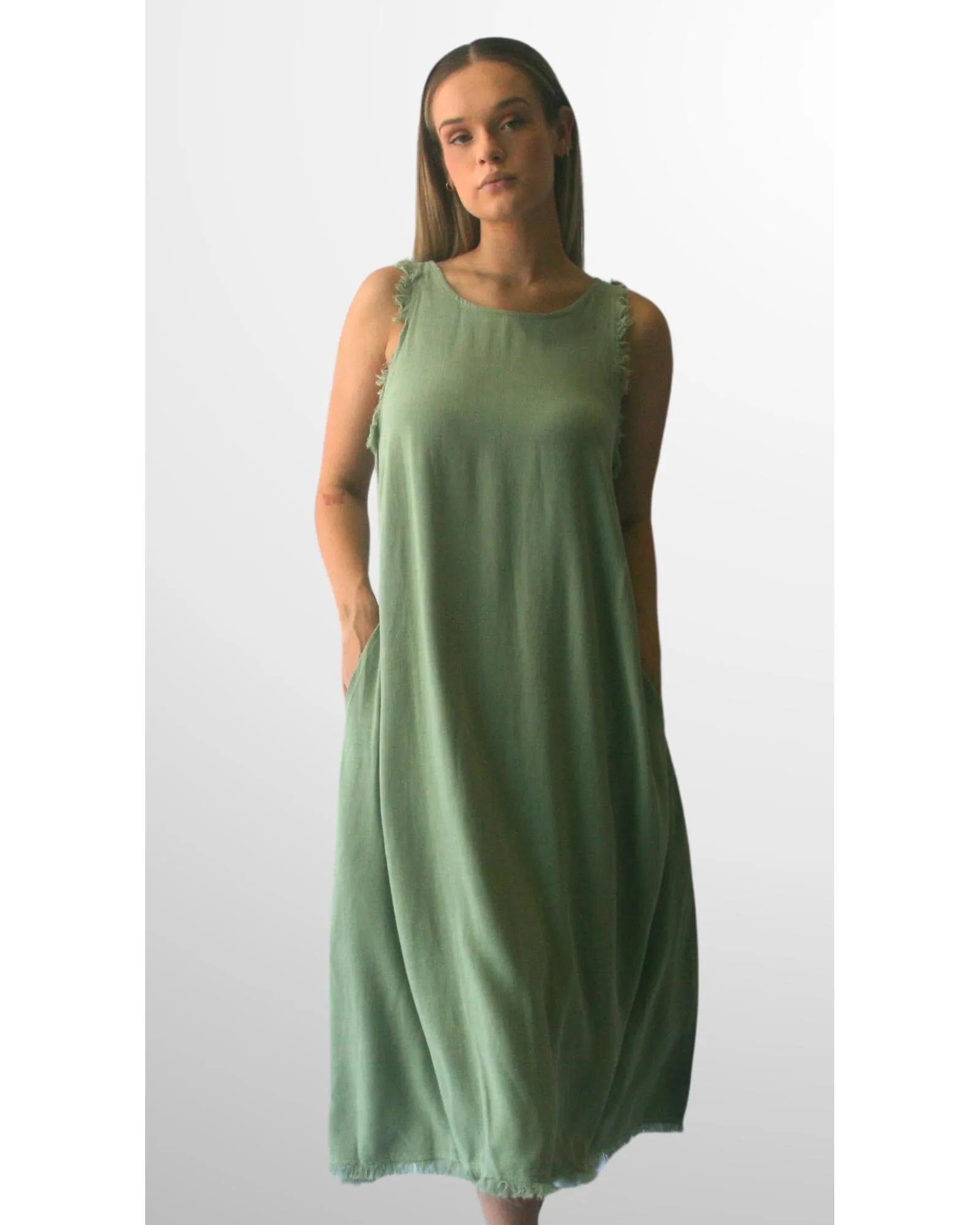 Azura Chic Womens Casual Green Cotton Sleeveless Dress