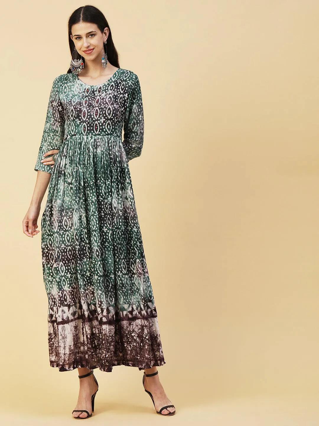 Batik Printed Mirror & Dabka Embroidered Maxi Dress - Green