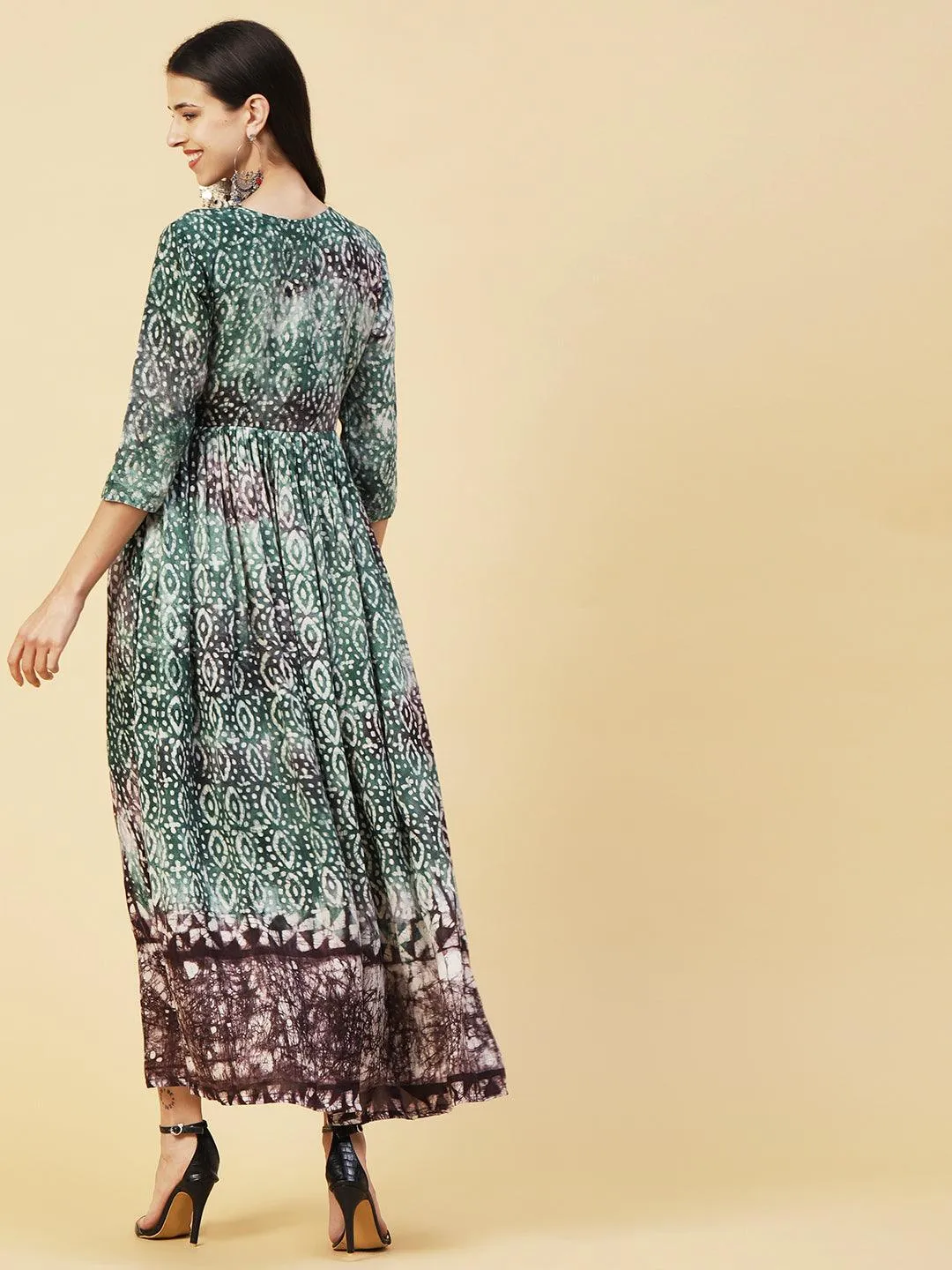 Batik Printed Mirror & Dabka Embroidered Maxi Dress - Green