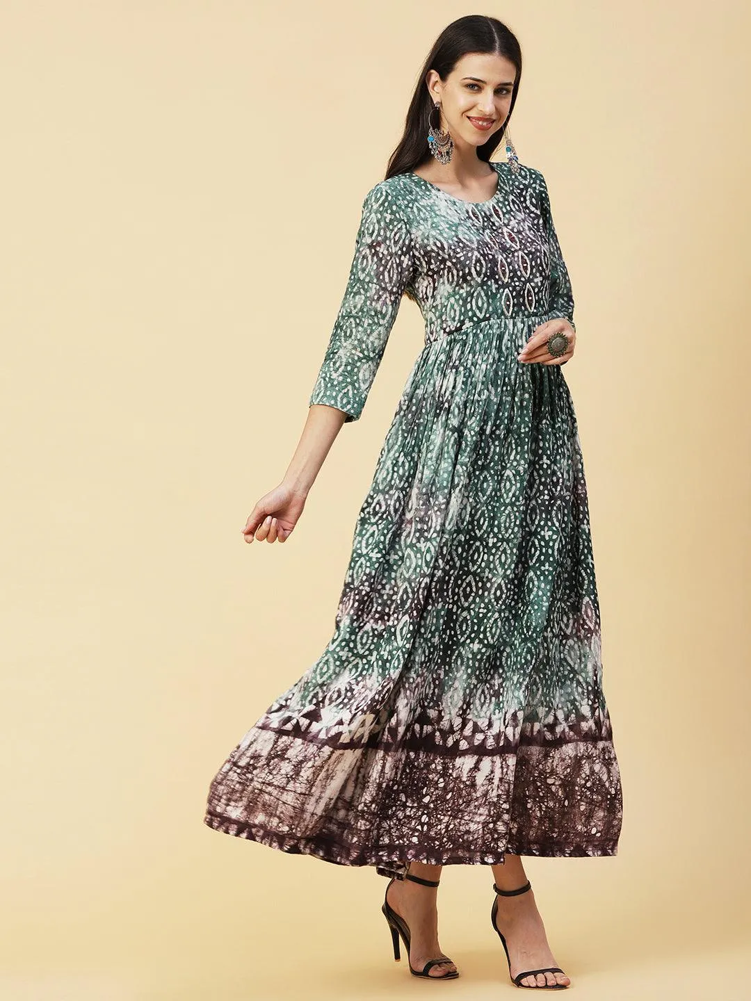 Batik Printed Mirror & Dabka Embroidered Maxi Dress - Green