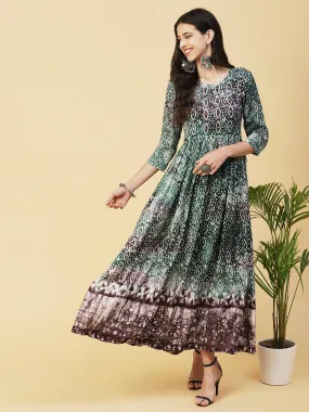 Batik Printed Mirror & Dabka Embroidered Maxi Dress - Green