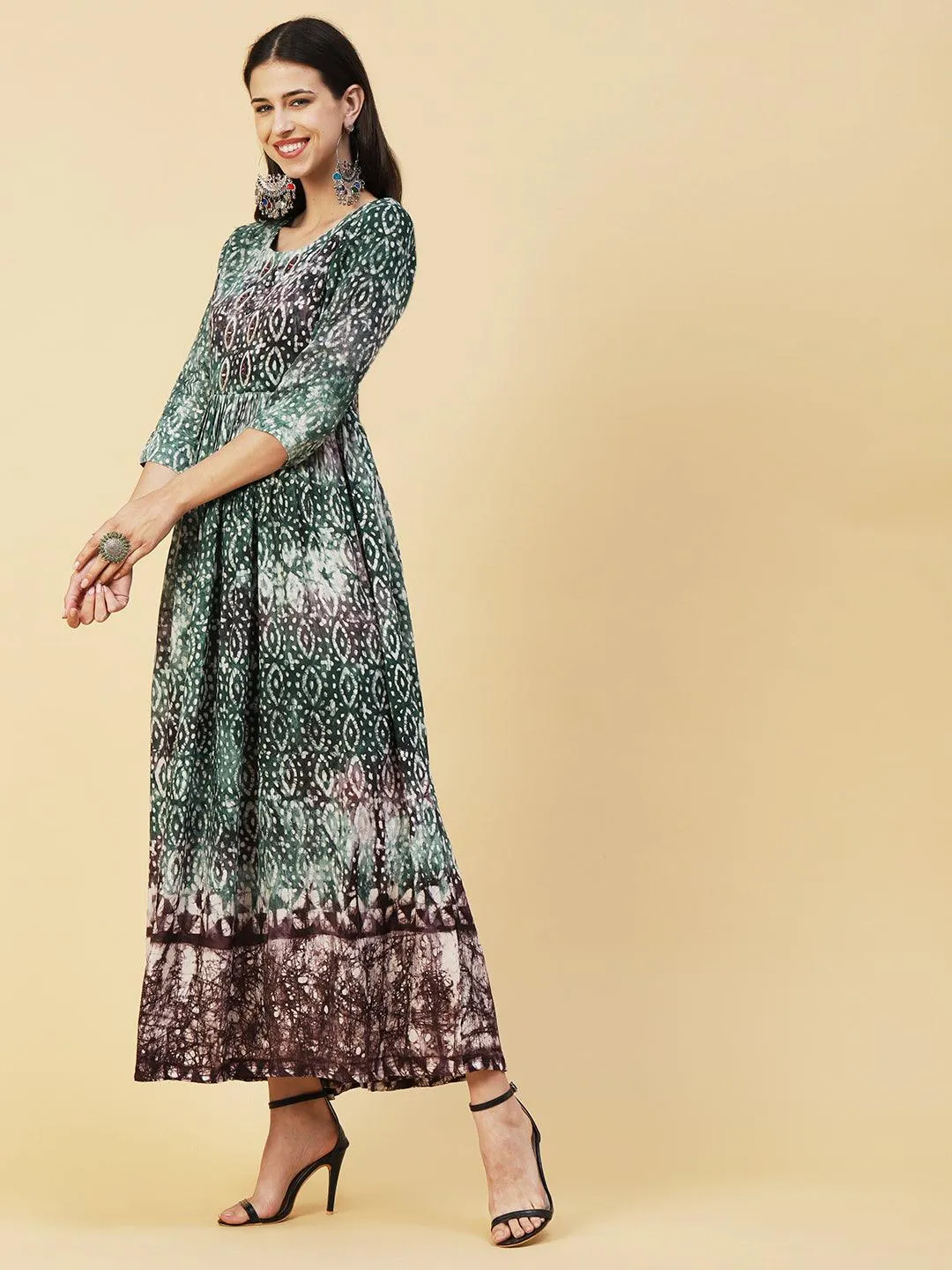 Batik Printed Mirror & Dabka Embroidered Maxi Dress - Green