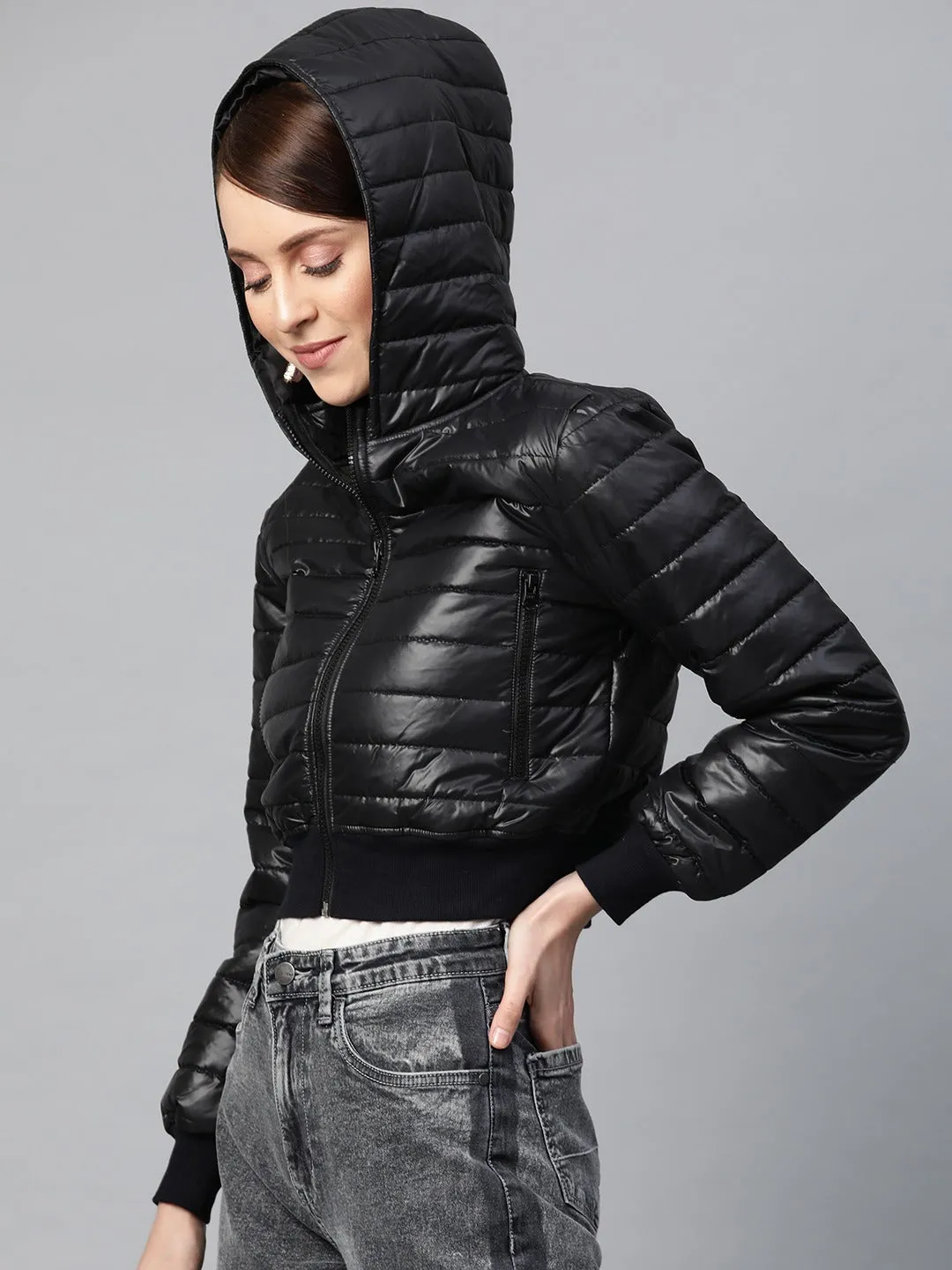 Black Hooded Crop Bomber Puffer Jacket