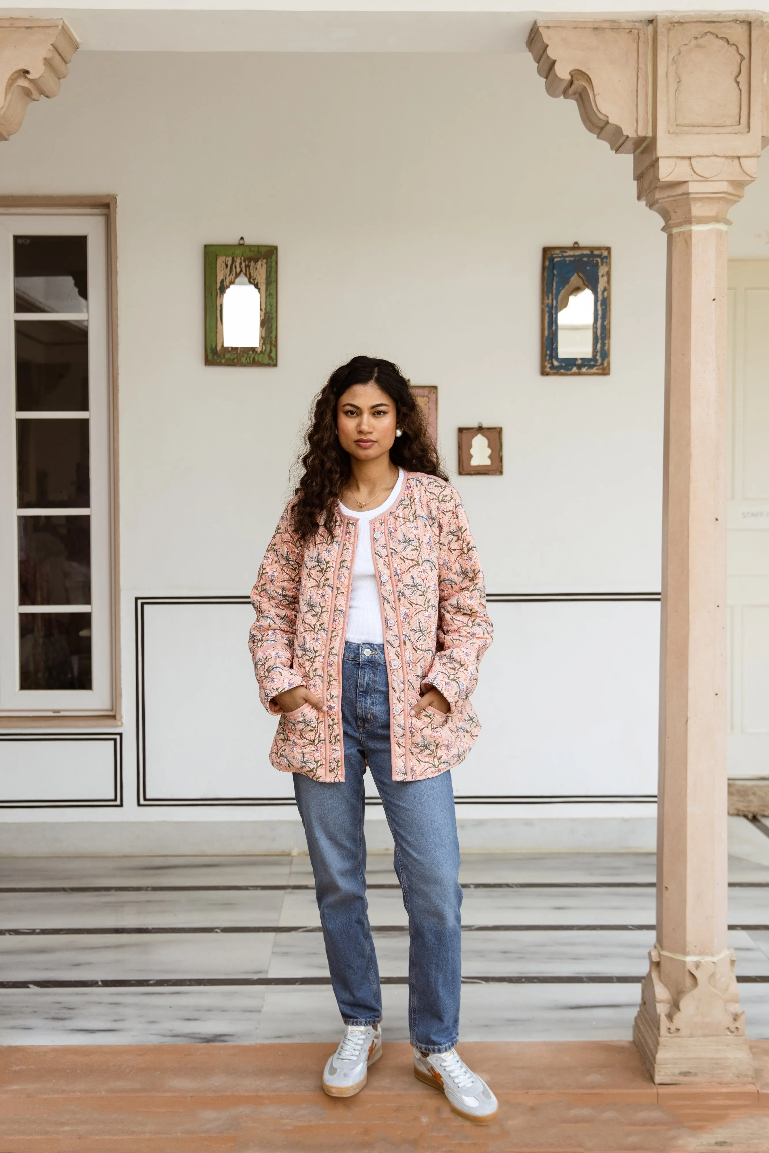 Block Print Quilted Jacket - Soft Coral