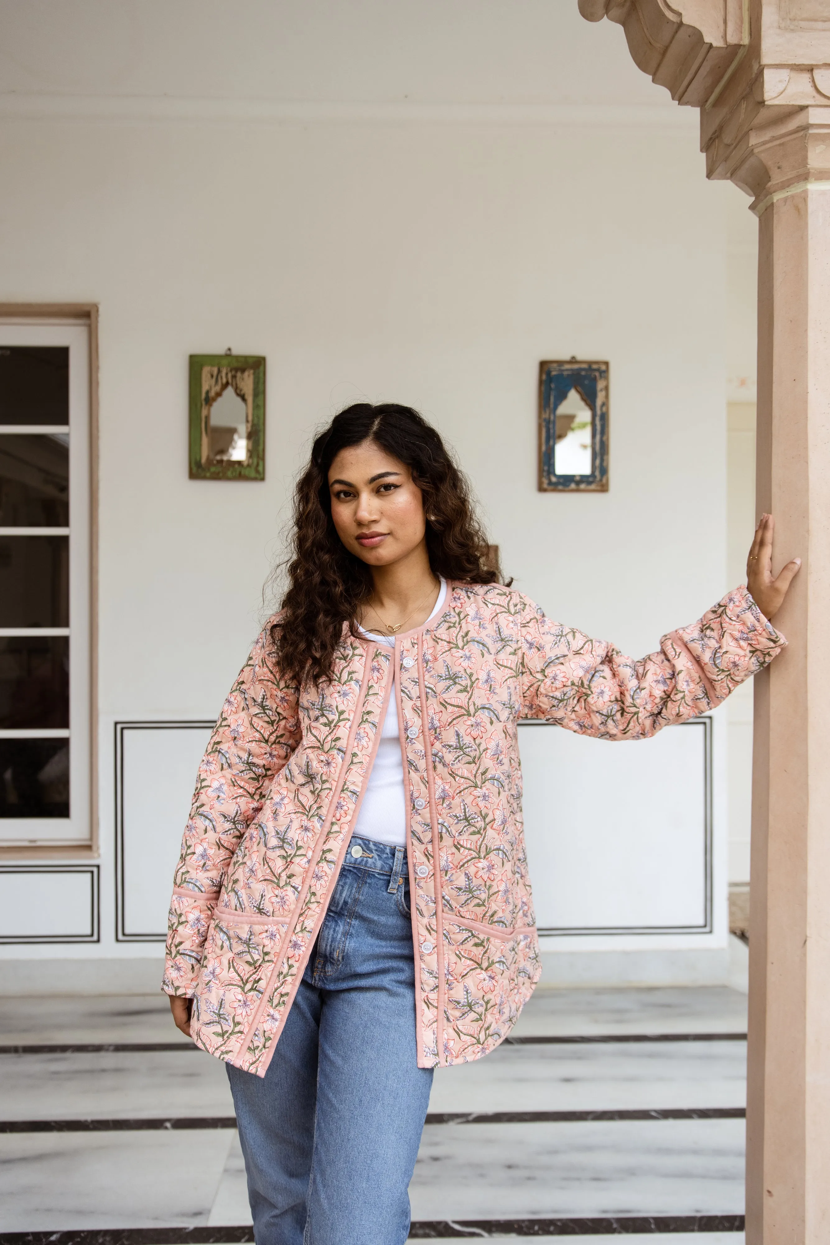 Block Print Quilted Jacket - Soft Coral