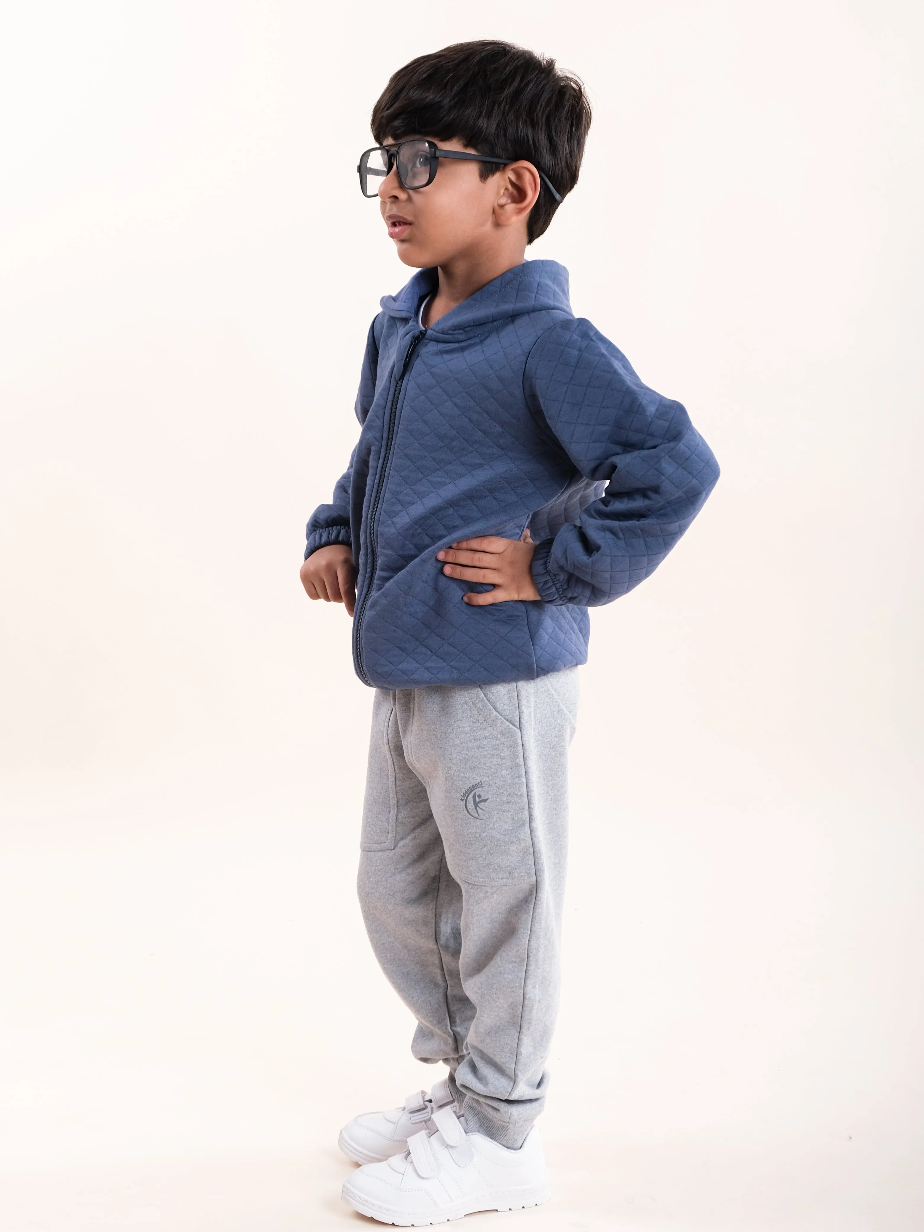 Boys Cotton Quilted Hooded Jacket With Solid Fleece Track Pant Set