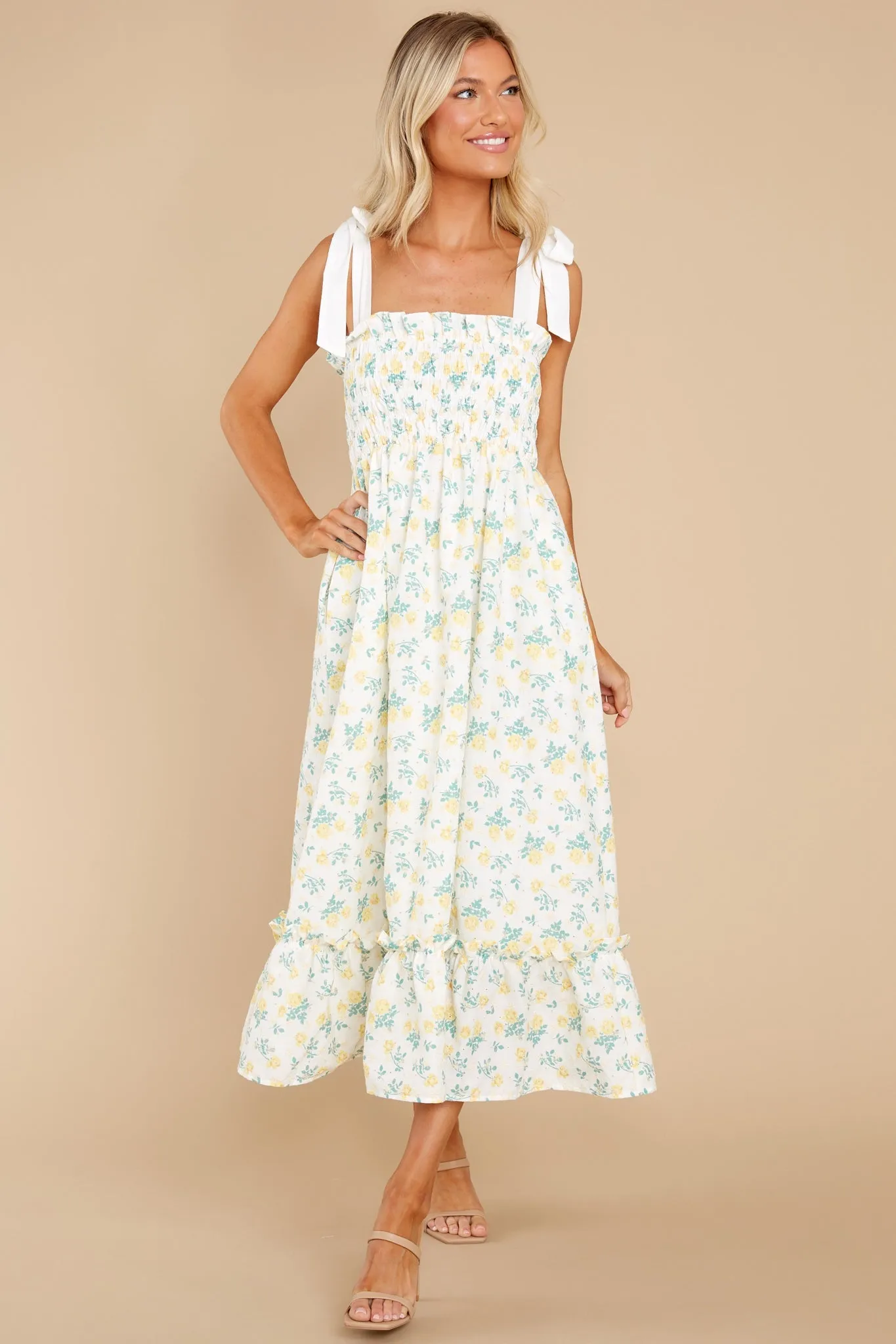 Camera Shy Yellow Floral Print Cotton Midi Dress