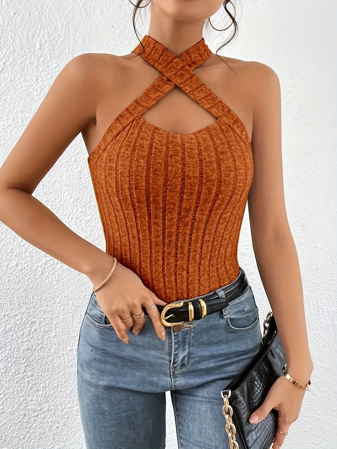 Chic Keyhole Halter Top in Ribbed Knit for Women