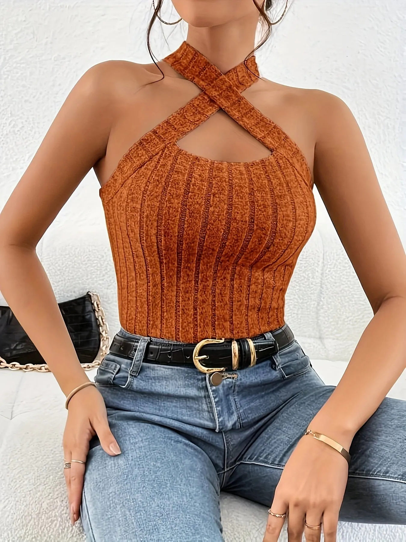 Chic Keyhole Halter Top in Ribbed Knit for Women