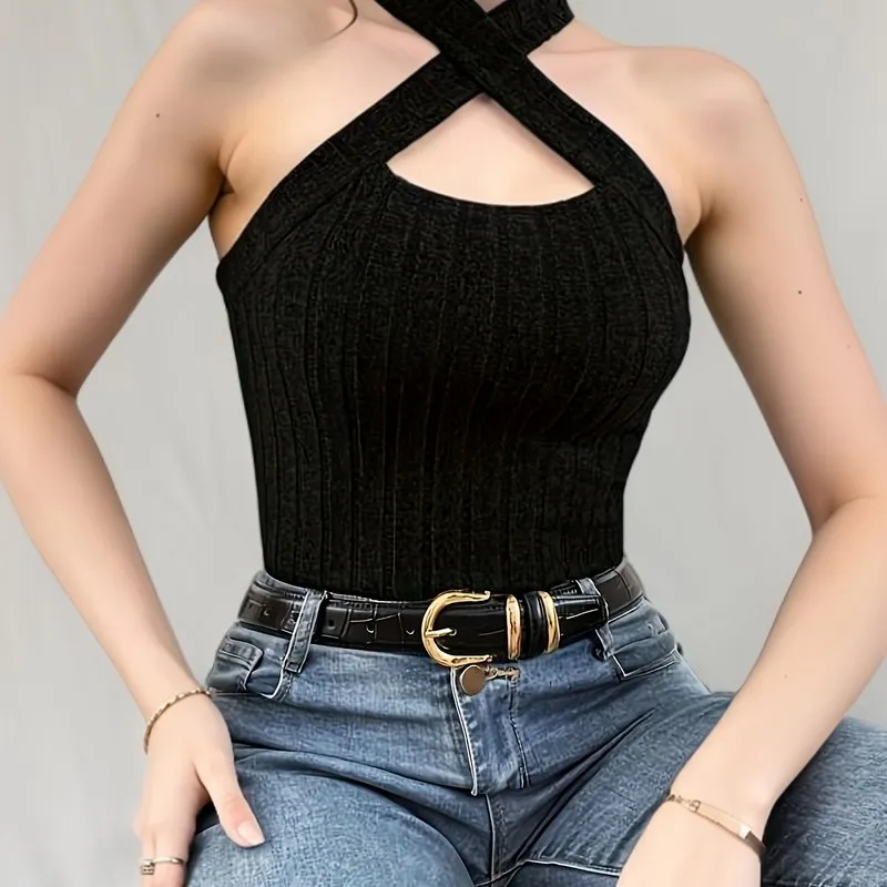 Chic Keyhole Halter Top in Ribbed Knit for Women