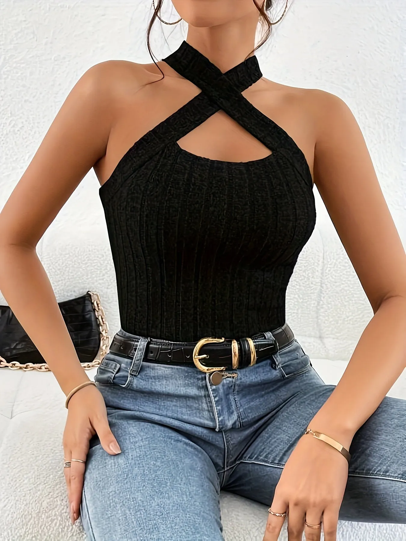 Chic Keyhole Halter Top in Ribbed Knit for Women