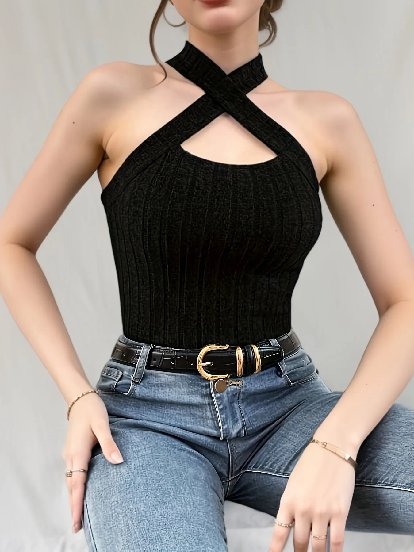 Chic Keyhole Halter Top in Ribbed Knit for Women