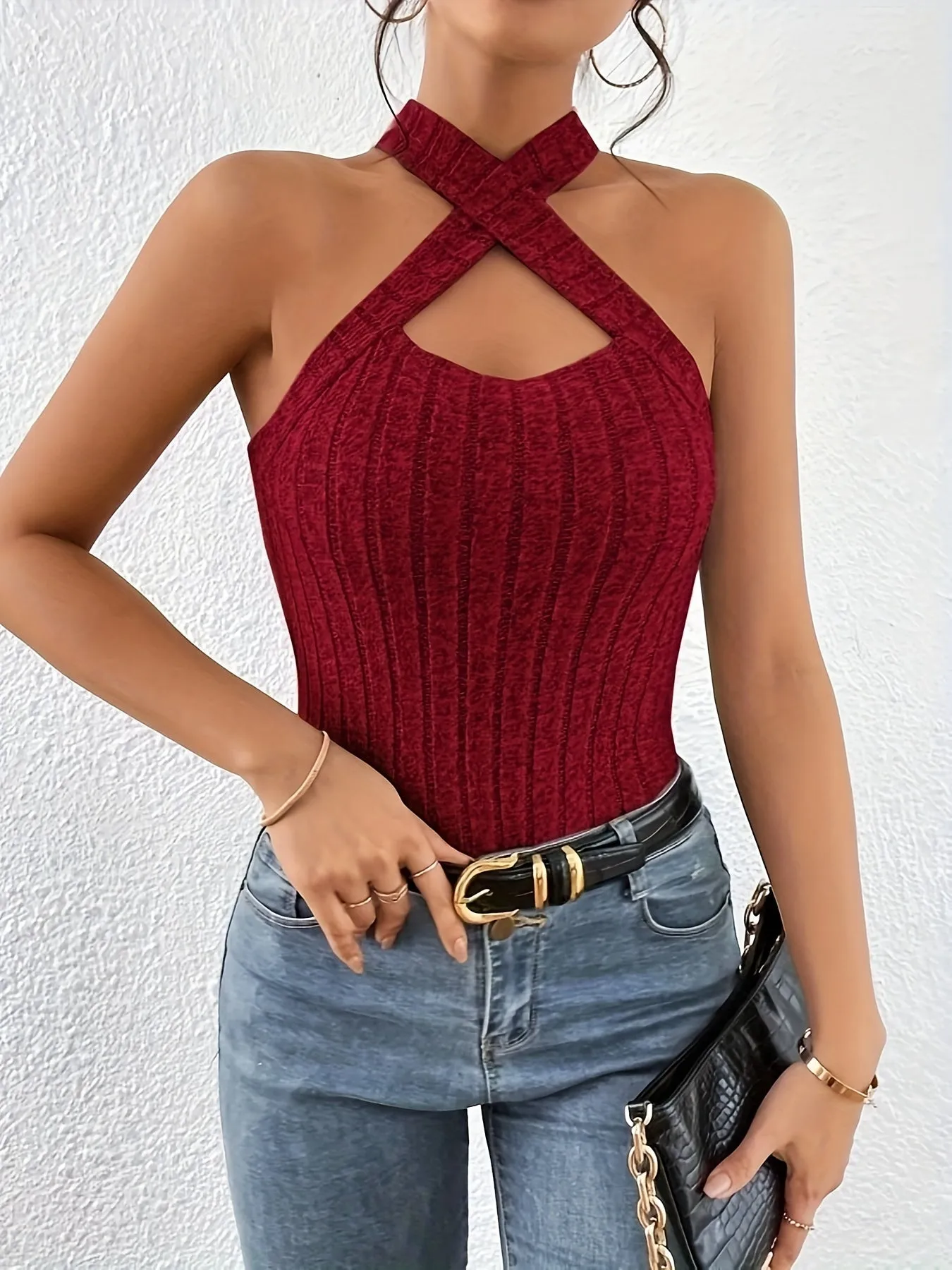 Chic Keyhole Halter Top in Ribbed Knit for Women