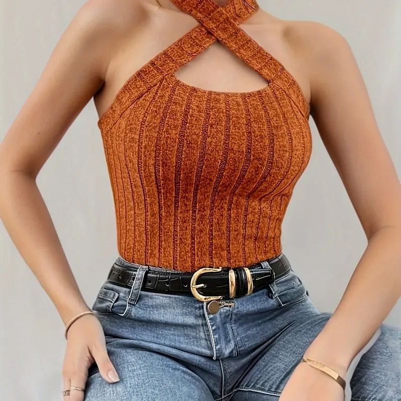 Chic Keyhole Halter Top in Ribbed Knit for Women