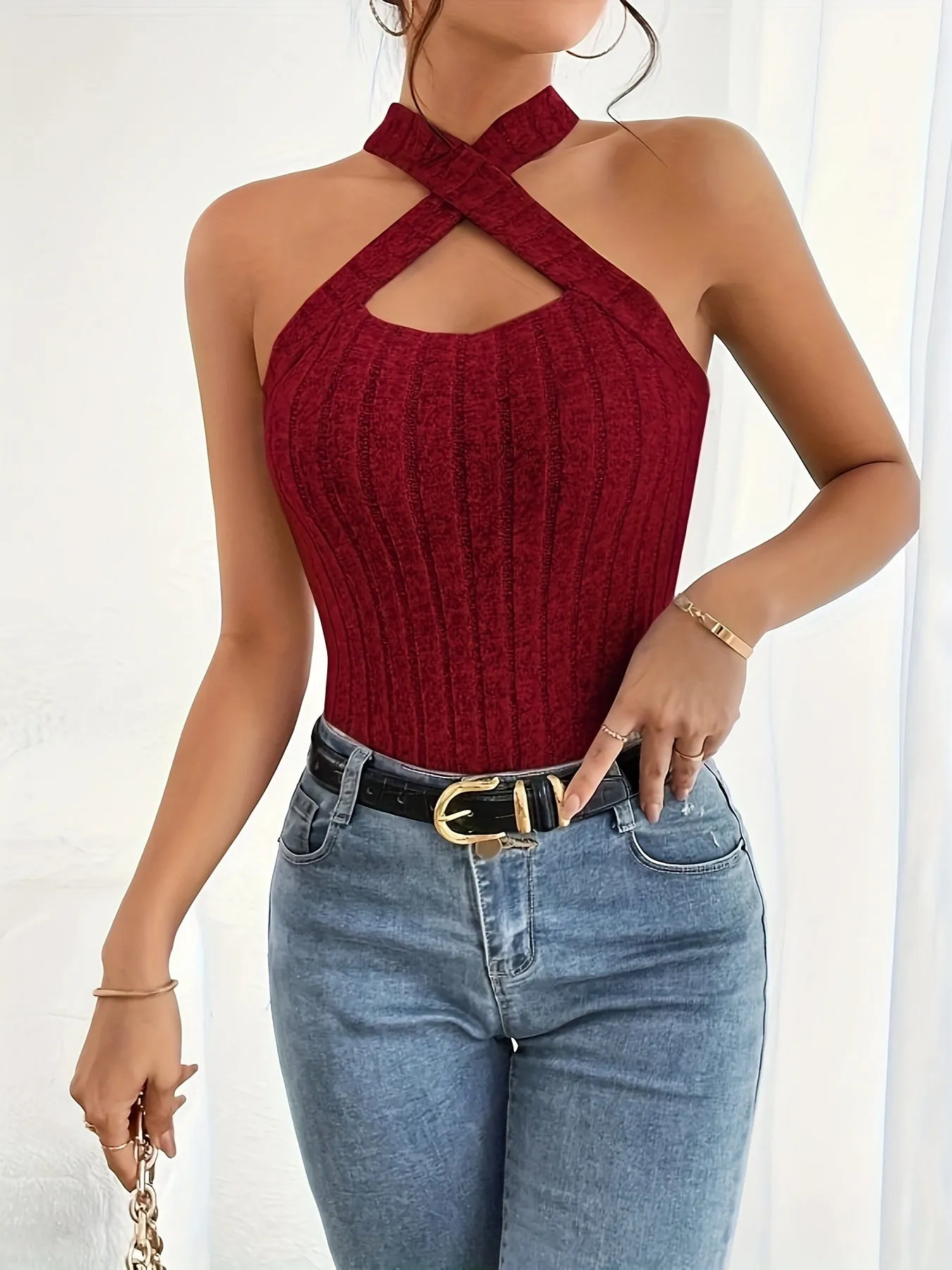 Chic Keyhole Halter Top in Ribbed Knit for Women