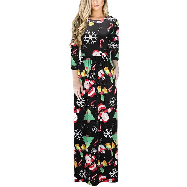 Christmas Floral Print Half Sleeve Tunic Long Maxi Dress