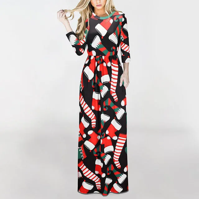 Christmas Floral Print Half Sleeve Tunic Long Maxi Dress