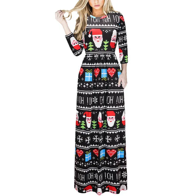 Christmas Floral Print Half Sleeve Tunic Long Maxi Dress