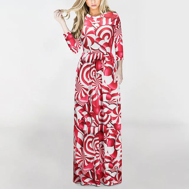 Christmas Floral Print Half Sleeve Tunic Long Maxi Dress