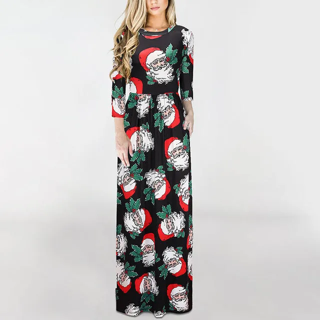 Christmas Floral Print Half Sleeve Tunic Long Maxi Dress